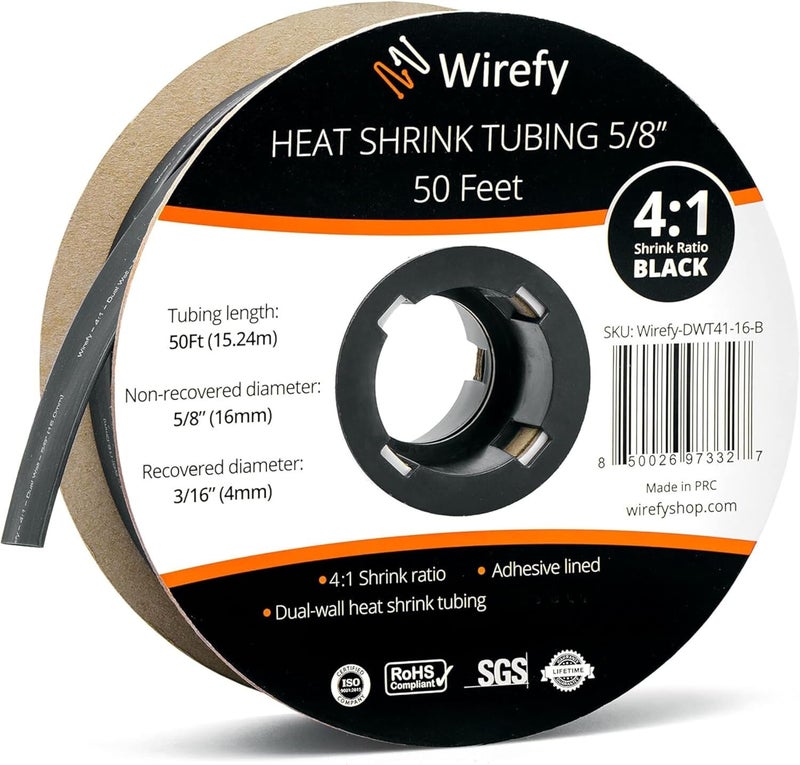 Wirefy 5/8" Heat Shrink Tubing - 4:1 Ratio - Adhesive Lined - a resistant Heat Shrink - 50 Feet Roll - Black - Image 1